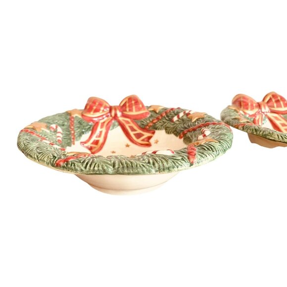 Fitz and Floyd Bow Candy Bowl Set of 2 With Christmas Tree Design 7" Wide - Picture 7 of 8